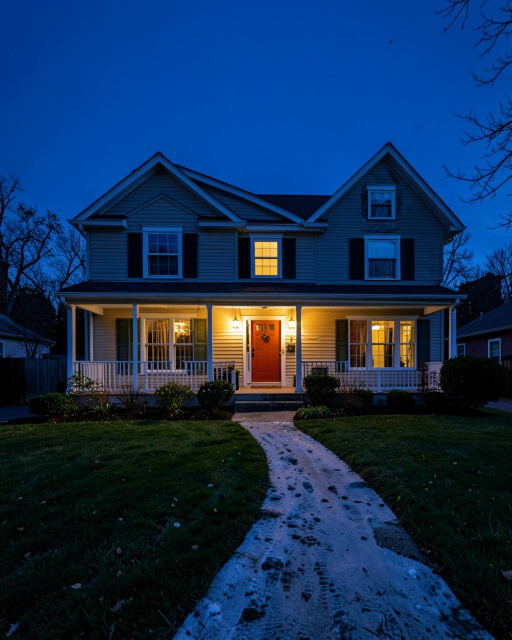 Well-maintained New Jersey home at dusk with warm porch lights and a cleared walkway