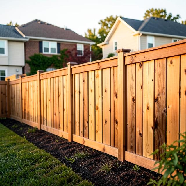 Newly installed stained wooden privacy fence in a backyard