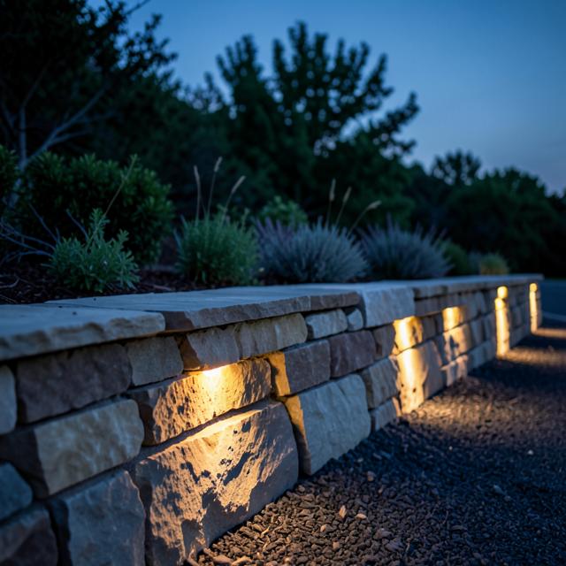 Stone retaining wall with warm landscape lights at dusk