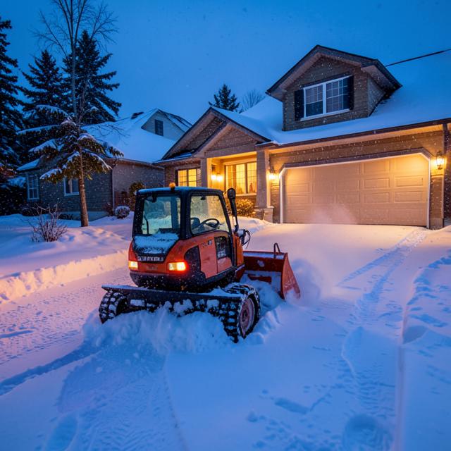 Snow blower clearing a suburban driveway during a snowfall